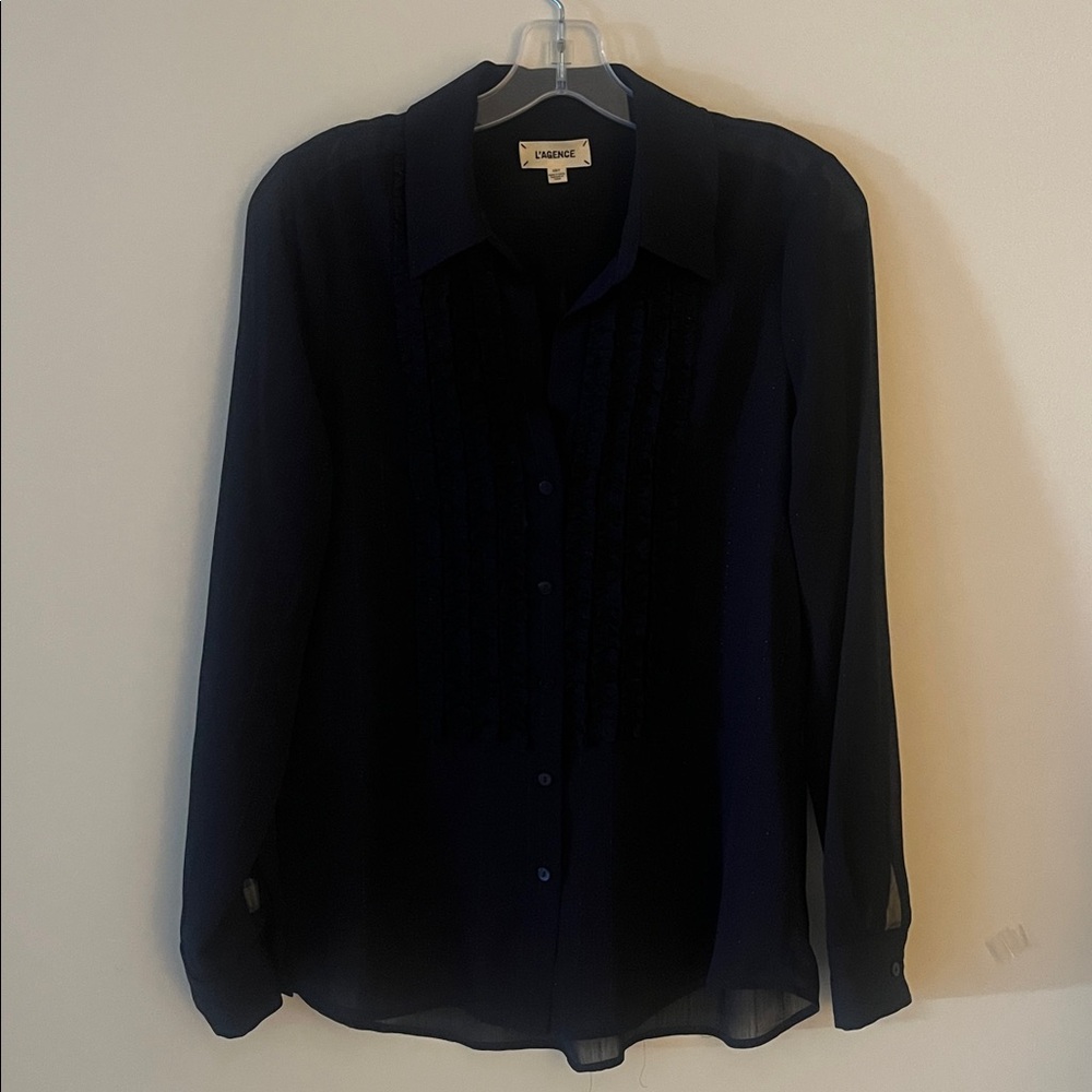 L'Agence Mari Sheer Ruffle Chiffon Tuxedo Blouse.